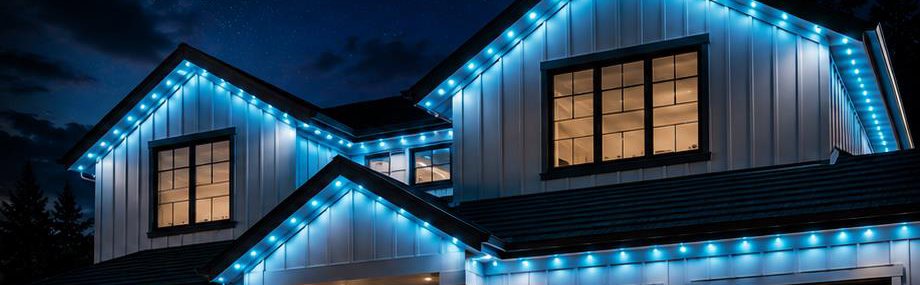 The front of a two-story home with the eaves and peaks lit at night