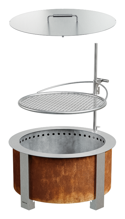Breeo X24 smokeless fire pit in corten steel with grill and lid
